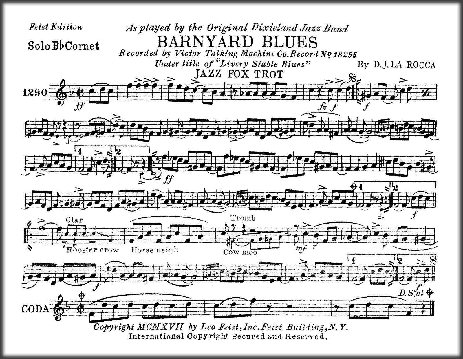 Brass Band Sheet Music Barnyard Blues Jazz Fox Trot by D. J. La