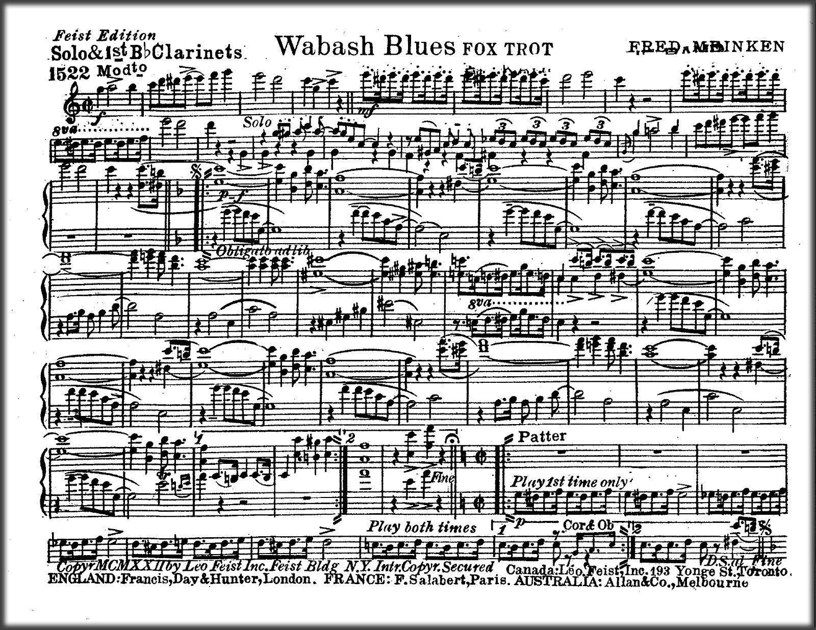 Brass Band Sheet Music Wabash Blues Fox Trot by Fred Meinken EBOOK